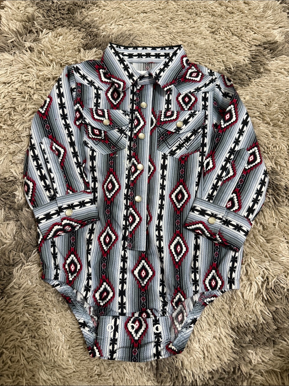 Men's Southwest Pattern Long-Sleeve Button-Up Shirt - Gray & Red